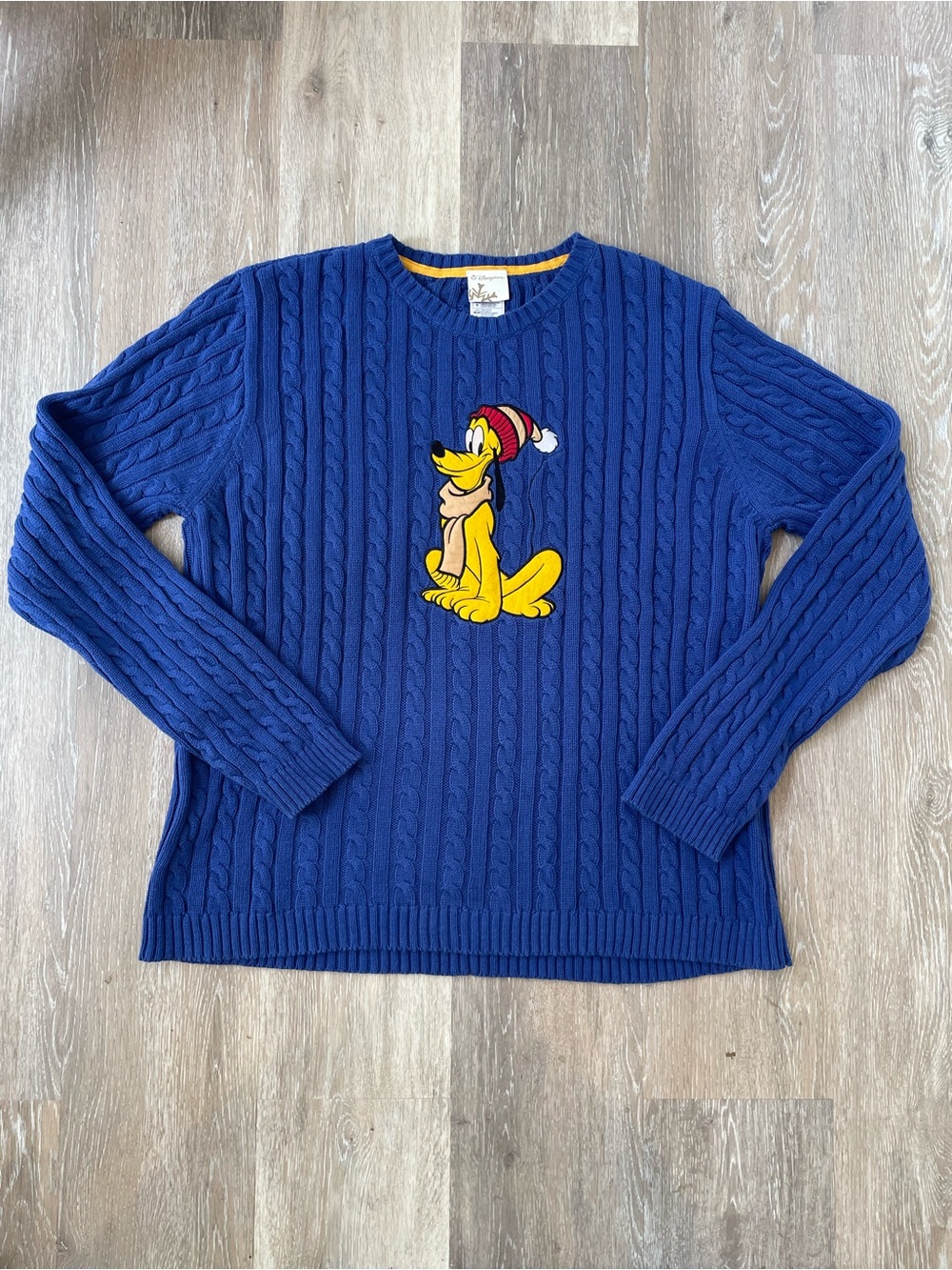 Disney Store Pluto Cable Knit Sweater Men’s Large Blue 100% Cotton